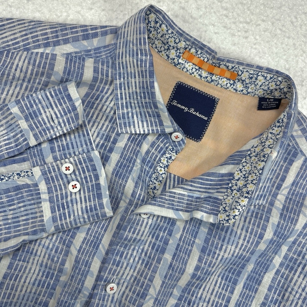 Tommy Bahama Mens Chambray Linen Resort Hawaiian Stripe LS Shirt Orange Relaxed